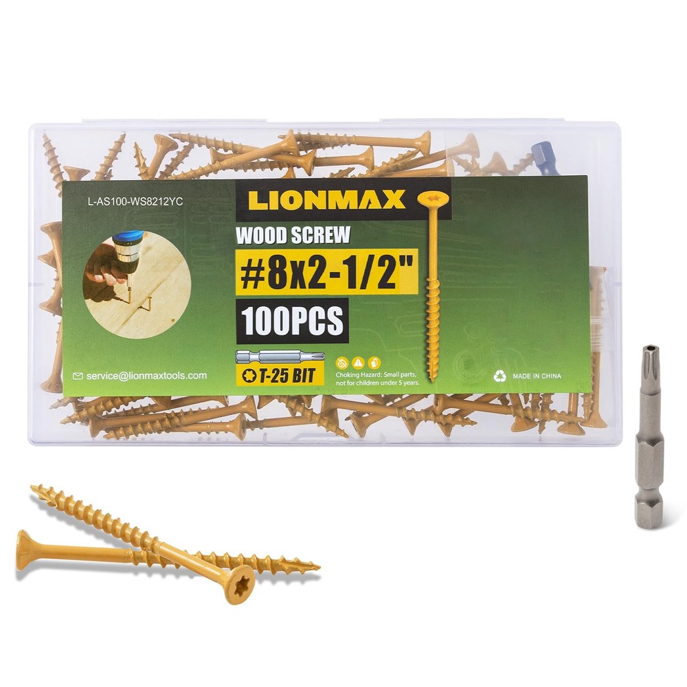 LIONMAX #8 x 2-1/2 Inch Deck Screws 100-Pack Rust-Resistant Wood Screws