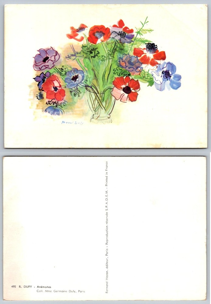 Raoul Dufy Anemones Art Postcard - Fernand Hazan Flowers Vase French Artist