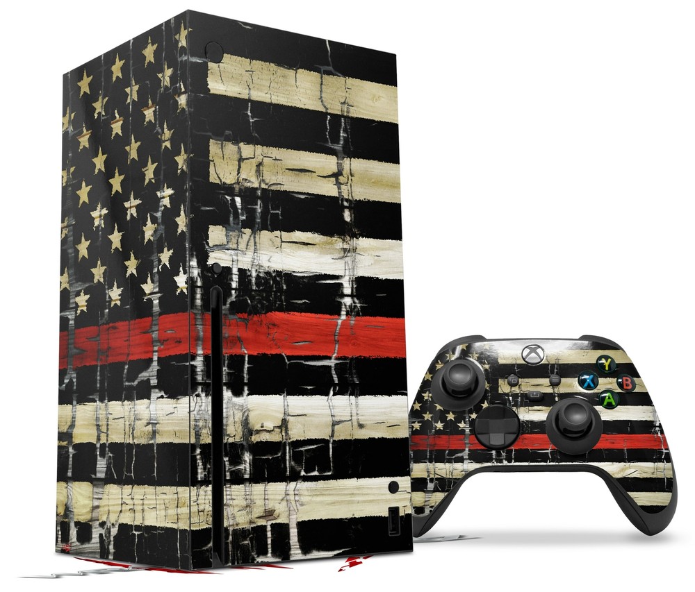 Skin Set for XBOX Series X Painted Faded and Cracked Red Line USA American Flag