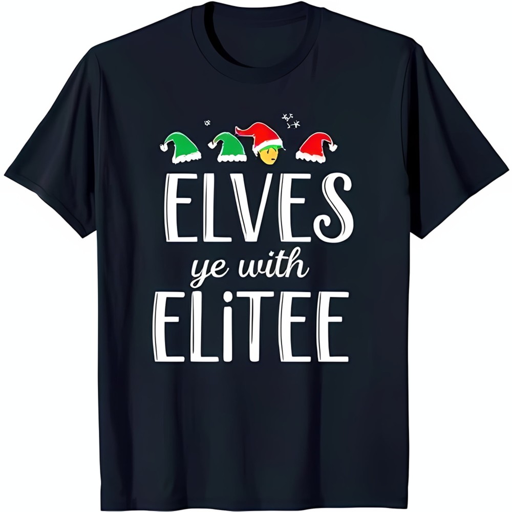 Playful Black T-Shirt with 'Elves ye with ' Graphic & Cartoon Hats