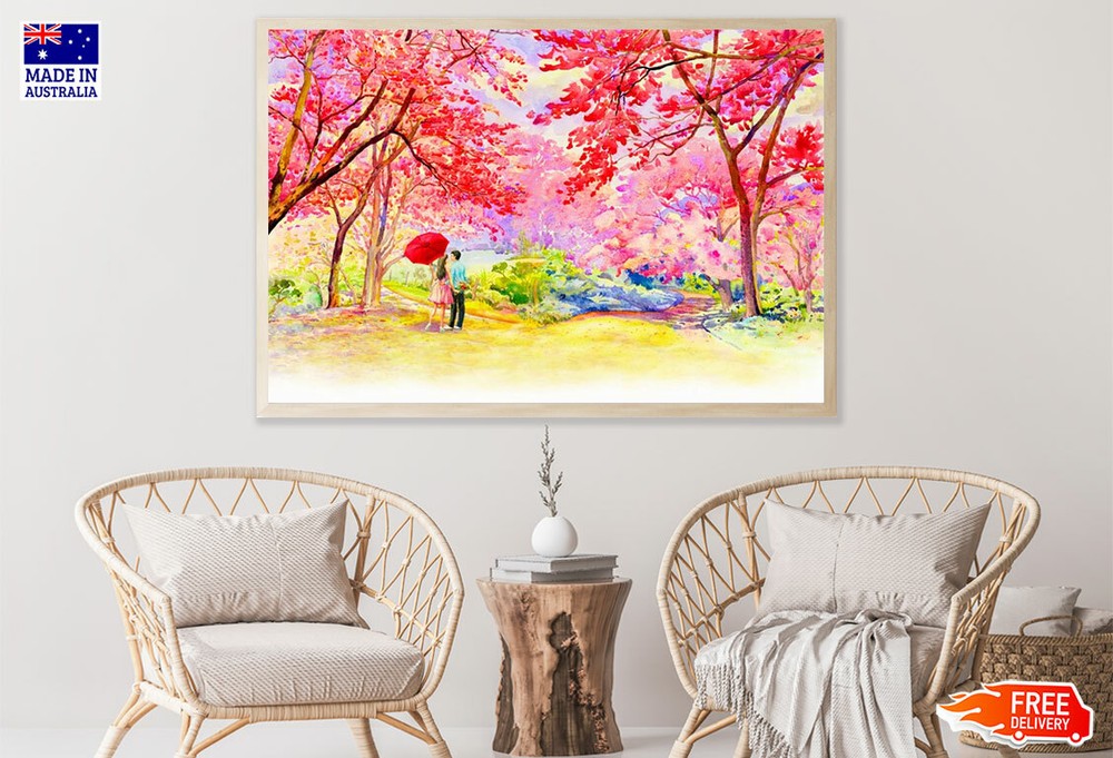 (Laminated) Couple Near Colorful Forest Watercolor Painting 91x61cm