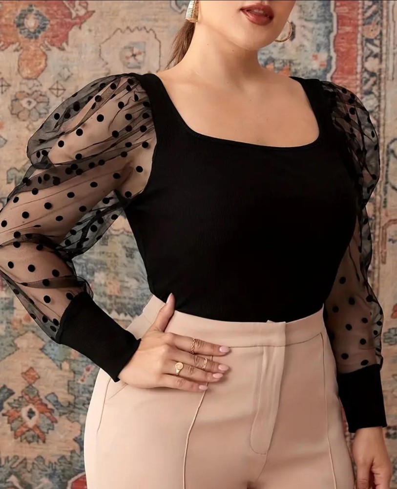 Curve Plus Contrast Dobby Gigot Sleeve Neck Top  