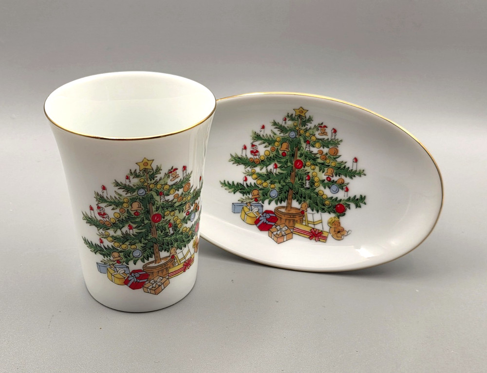 Vintage Lefton Christmas Tree Soap Dish and Cup Powder Room Decor
