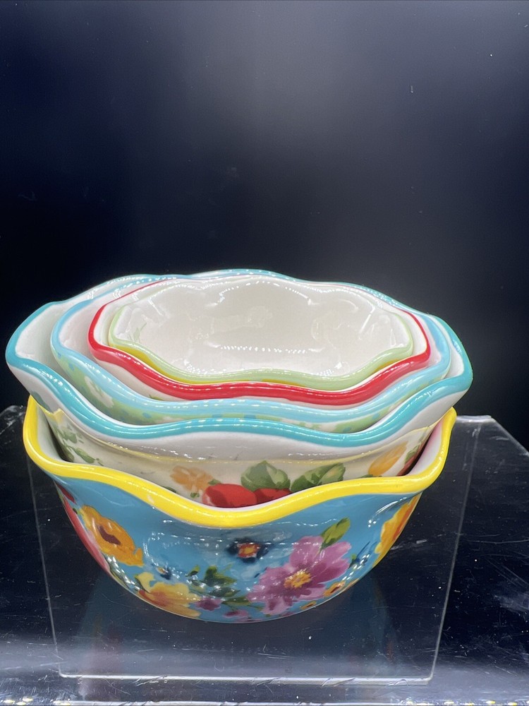 Vintage Pioneer Woman 5-Piece Nesting Measuring Bowl Set – Floral Stoneware Cups for Cooking and Baking