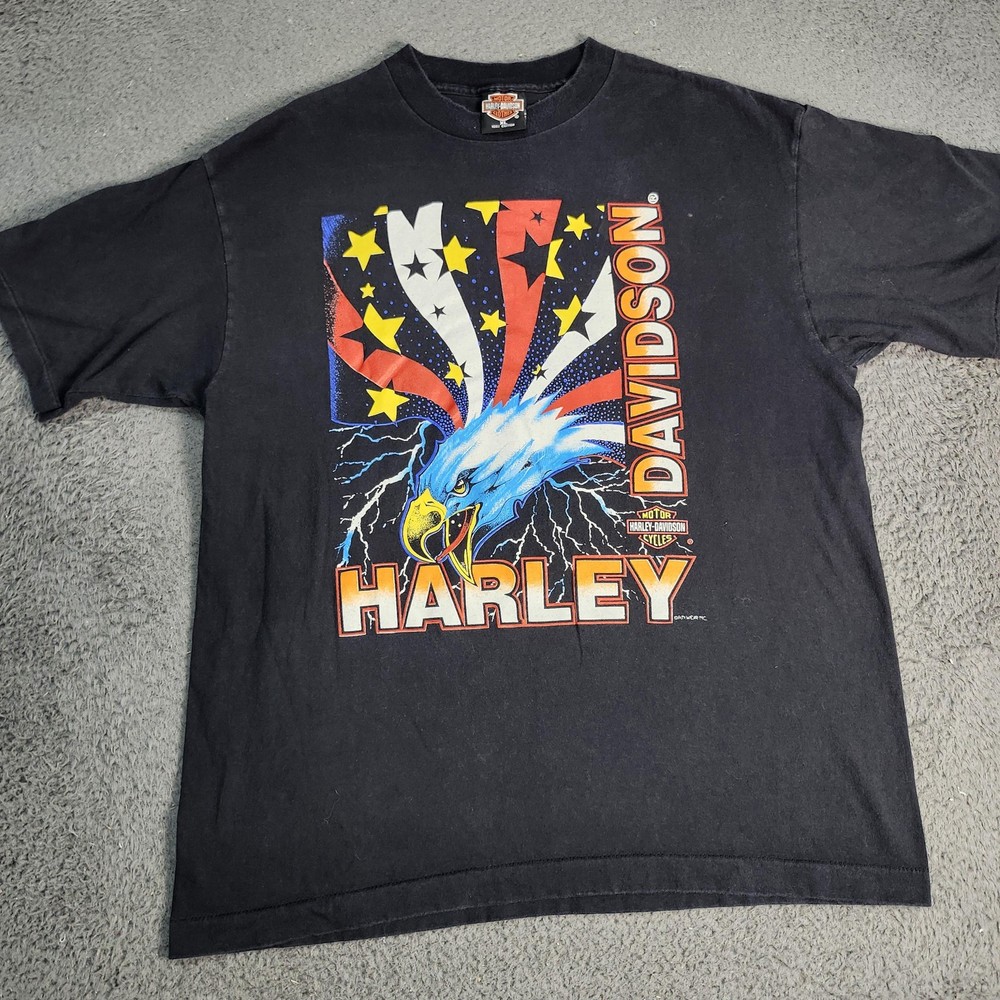 Vintage Harley Davidson Shirt Mens XL Black Eagle USA Motorcycle Graphic 90s
