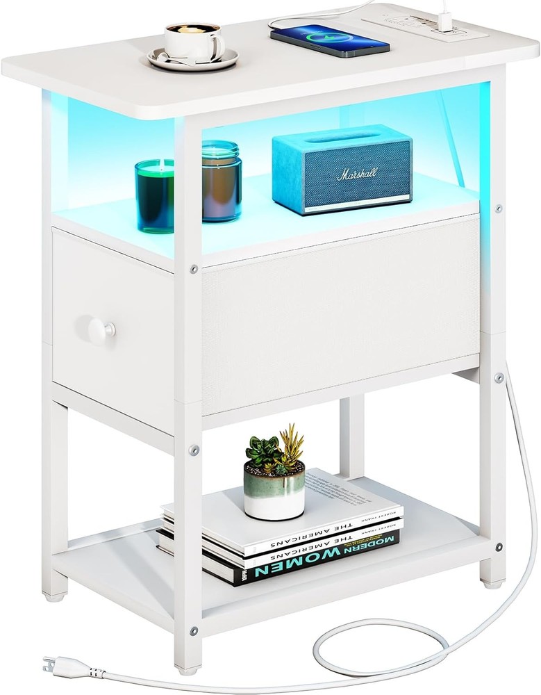 Bedside table with charging post,narrow side table with adjustable fabric drawer