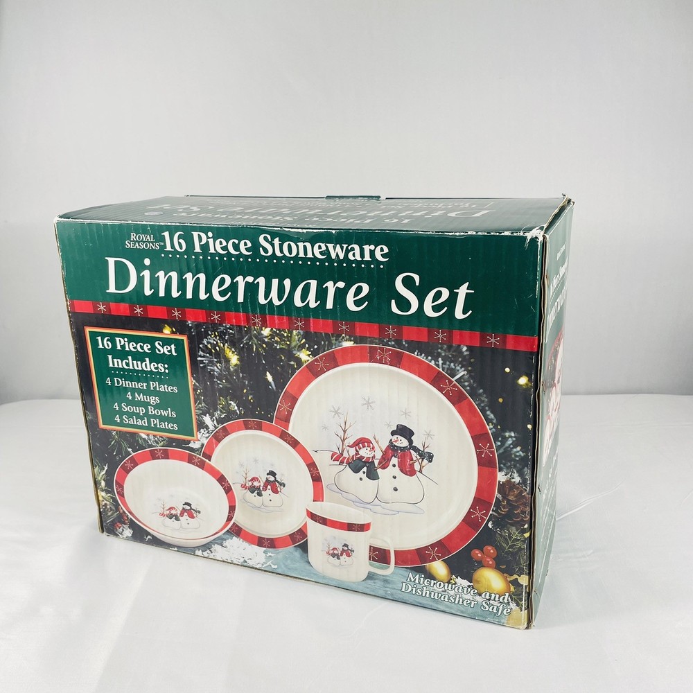 Royal Seasons 16 Piece Stoneware Set Christmas Bowls Mug Dinner Salad Plates NEW