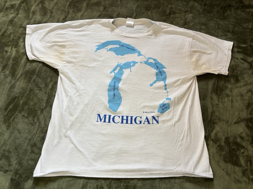 Vintage Michigan Great Lakes Shirt Mens XL White Map Lake Travel A+ Printing