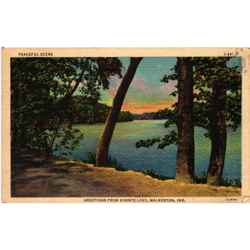 VTG 1941 Koontz Lake Walkerton Indiana Linen Postcard Sunset Scene Curt Teich