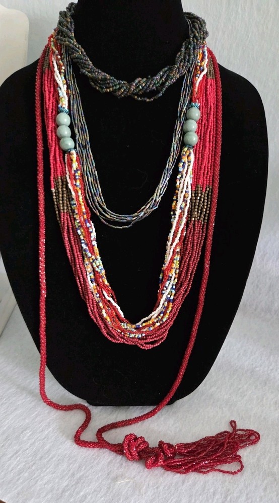 Vintage BOHO Glass Seed Bead Necklace Lot Red Multi-color Bohemian Multi-strand