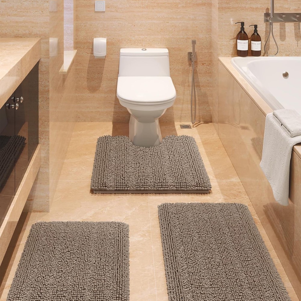 Striped Ultra Soft Bathroom Rugs & Mats Set 3 Pieces Bath Mat Set Dark Beige
