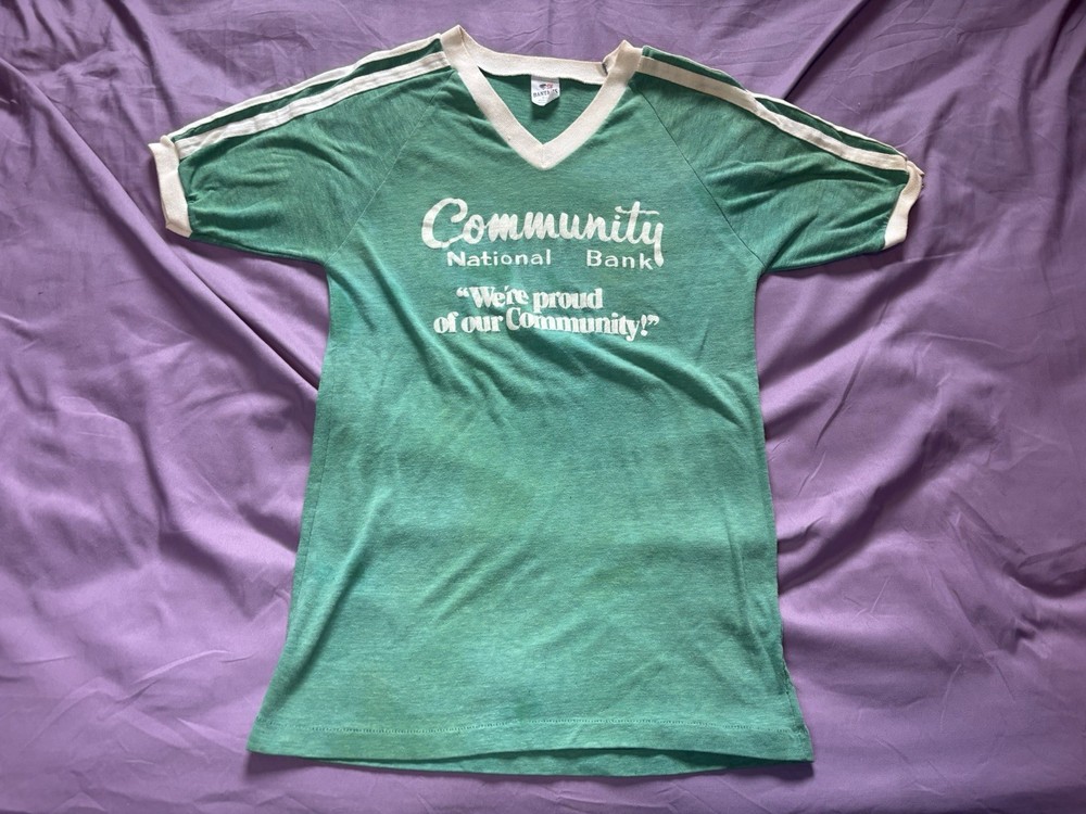 Vintage 70s Community National Bank Shirt Mens Small Green White Ringer Bantams