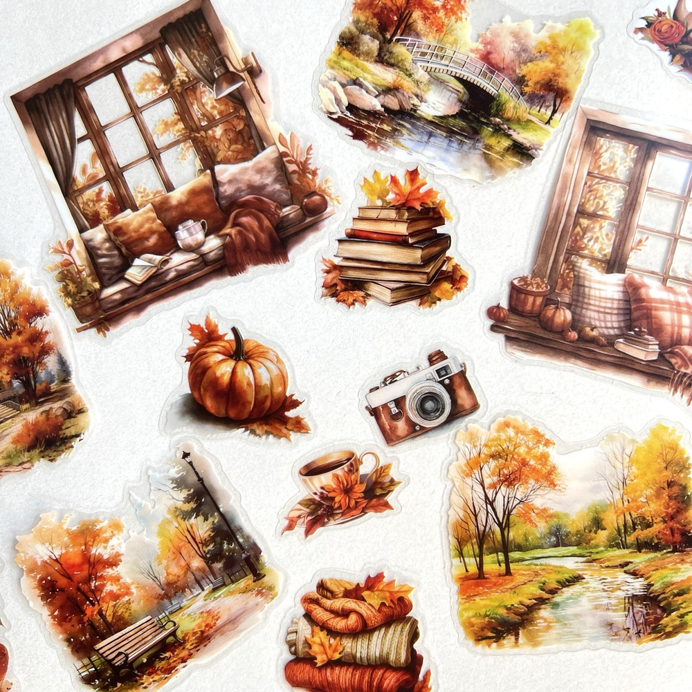 Cozy Autumn Stickers Window Landscape Junk Journals Collage Scrapbooking