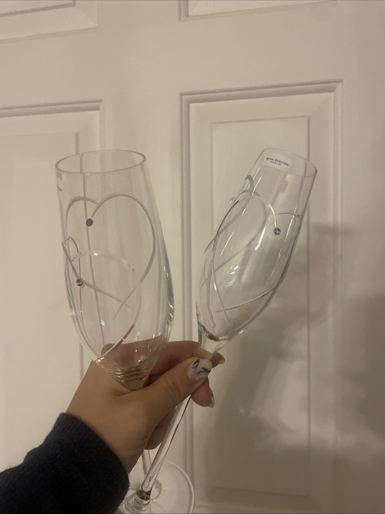2 Royal Doulton Promises Champagne Flutes Crystal GLasses W/ Swarovski Elements