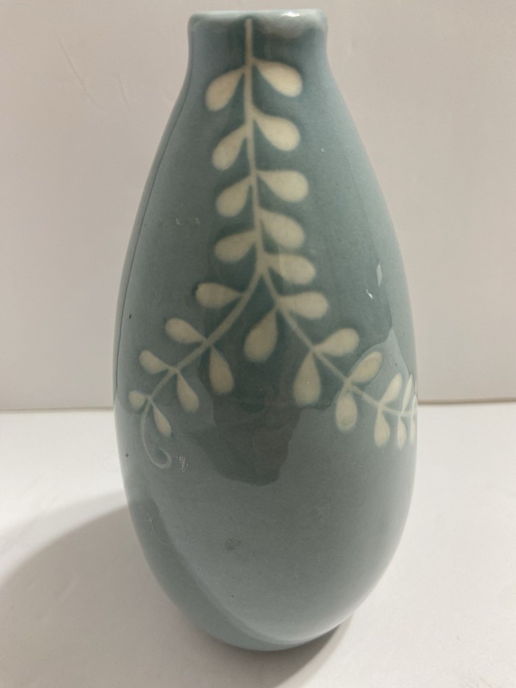 Ceramic Powder Blue Bud Vase w/ White Leaf Design