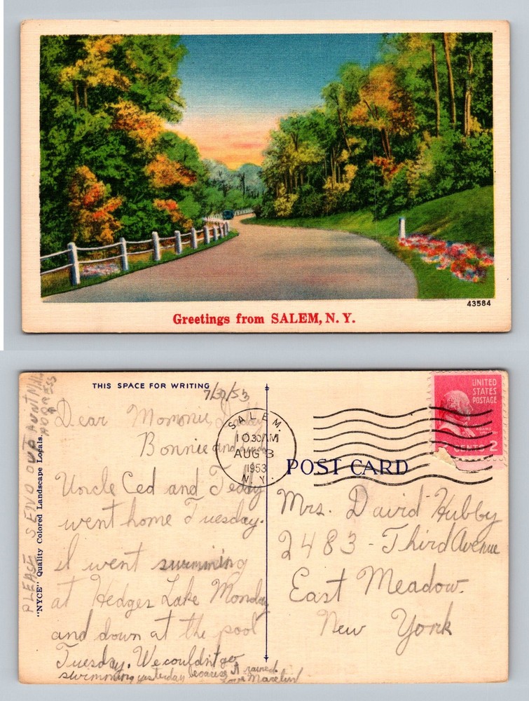 Salem, NY-New York, Greetings Scenic Country Road View Vintage c1953 Postcard
