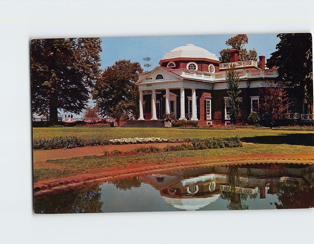 Postcard West Front showing Fish Pond & Garden Monticello Thomas Jefferson Home