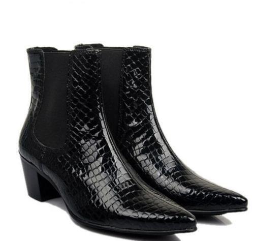 Mens Pointy Toe Mid Block Heel Real Leather Ankle Boots Dress Chelsea Shoes New