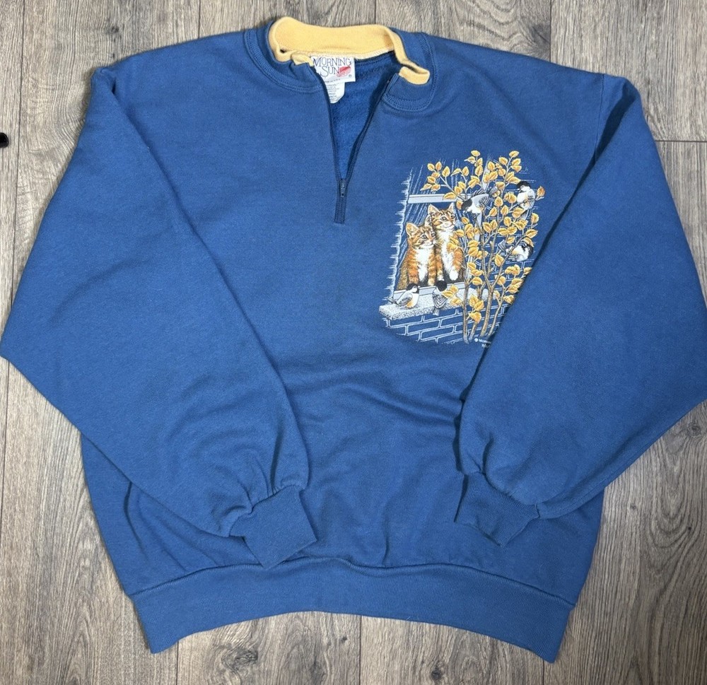 Vintage Morning Sun Cat Nature Graphic Pullover Sweatshirt Blue Women's L