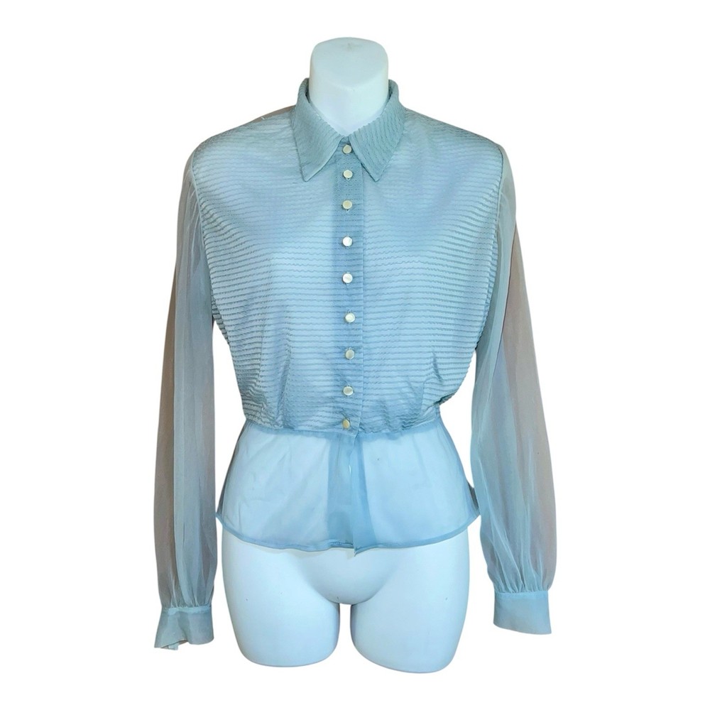 Vintage 1950’s SHEER Blouse Nylon Long Sleeve Baby Blue Top Shirt Pinup L/XL