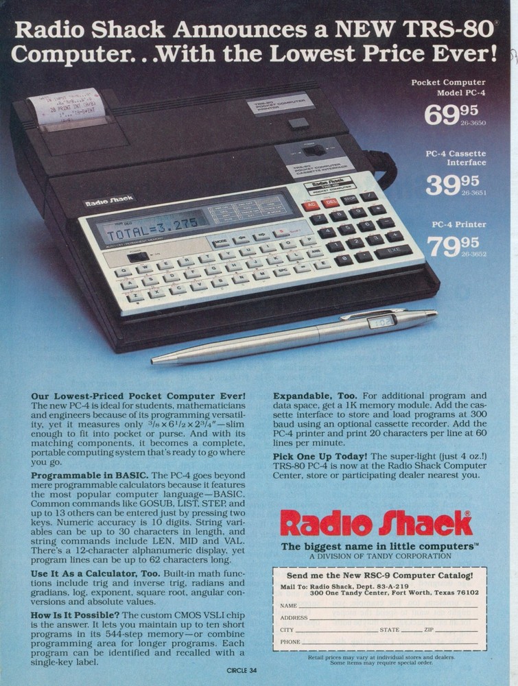 1983 Radio Shack TRS 80 Pocket Computer Pen With Clock Catalog Offer Ad PEC1