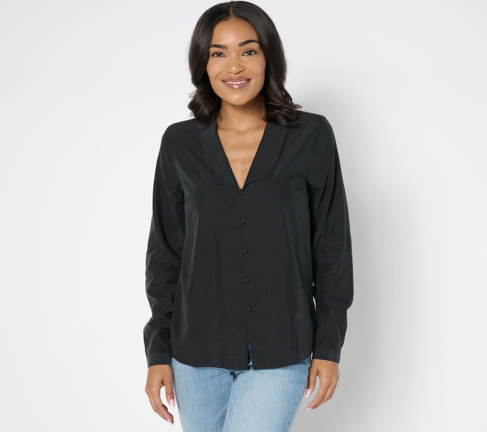Me by Jennie Garth Women's Top Sz M Emerson Drapey Blouse Notched Black A669445