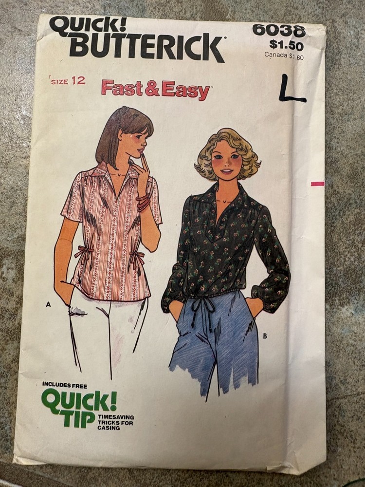 BUTTERICK 6038 pattern, Misses Fast, Easy Tops, Misses 12,  UNCUT