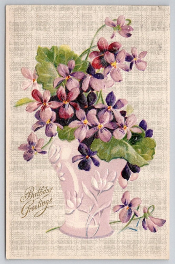 Vintage Birthday Greetings Postcard Violets in Embossed Vase 1913 Posted