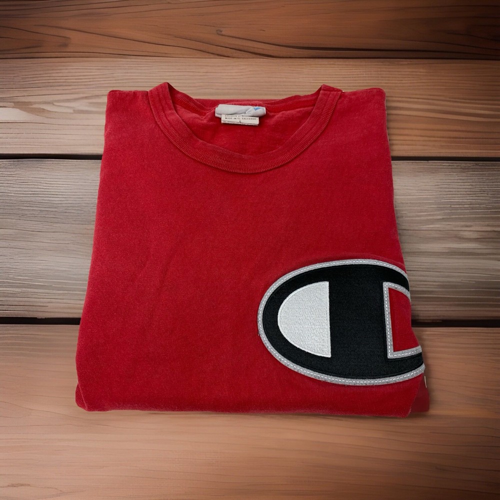 Vintage Champion Embroidered Logo Men’s S Small Red Short Sleeve Cotton T Shirt