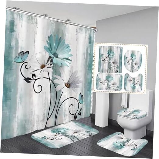 Rustic Farmhouse Shower Curtain Set 4pcs Farm Teal Daisy Floral Bathroom Green