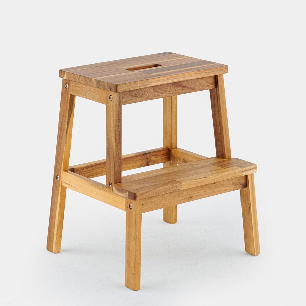 Acacia Wood Step Stool Heavy Duty 2 Step Stool for Adult Kids Holds up to 250lbs-image