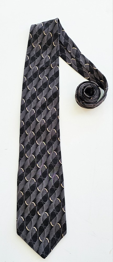 Barrington 100% Silk Necktie Geometric Gray Black Gold Pattern 58” x 3.5”