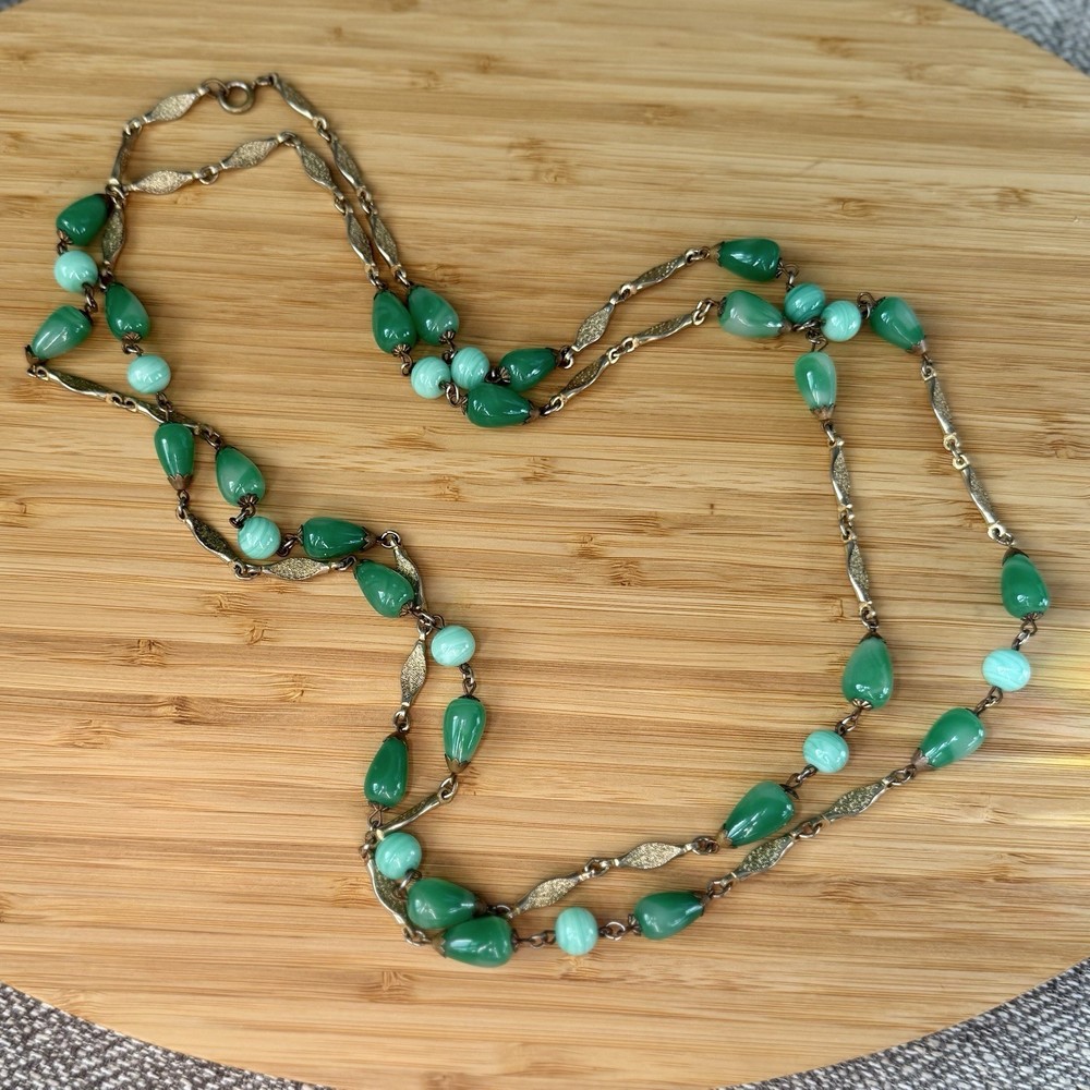 Vintage Green Glass Beaded Necklace Gold Tone / Brass - 60” Long