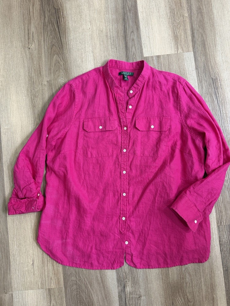 Ralph Lauren Magenta Pink 100% Linen Button Up Shirt Roll Tab Sleeves Pockets XL
