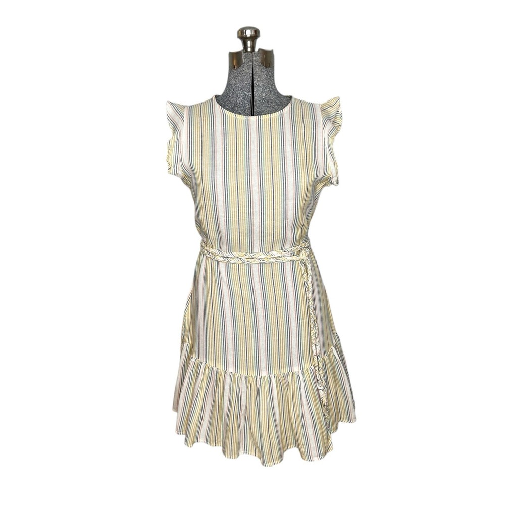 Marine Layer Laney Ruffle Linen Blend Beachy Stripe Mini Dress Size Small Belted