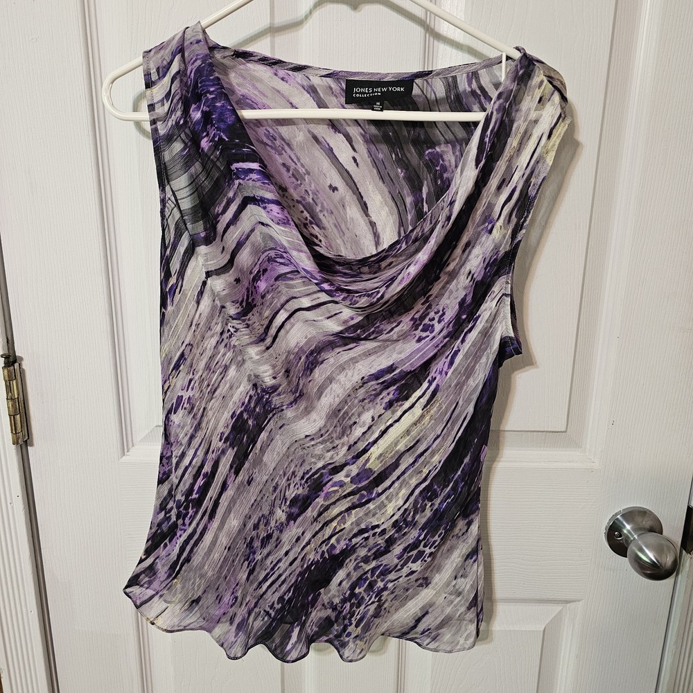 Jones New York Collection Woman Sleeveless Cowl Neck Purple Sheer Top Sz 14