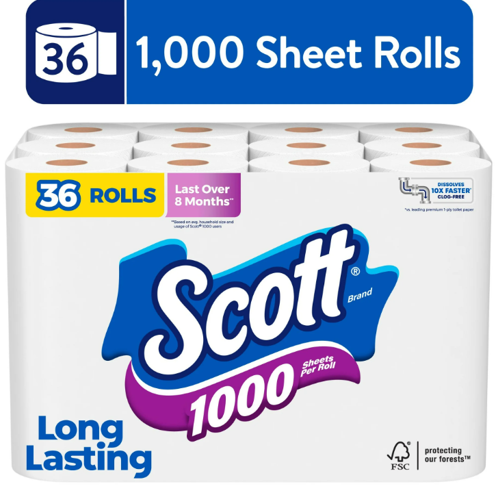 (2 Pack ) Scott 1000 Toilet Paper, 36 Rolls, 1,000 Sheets per Roll