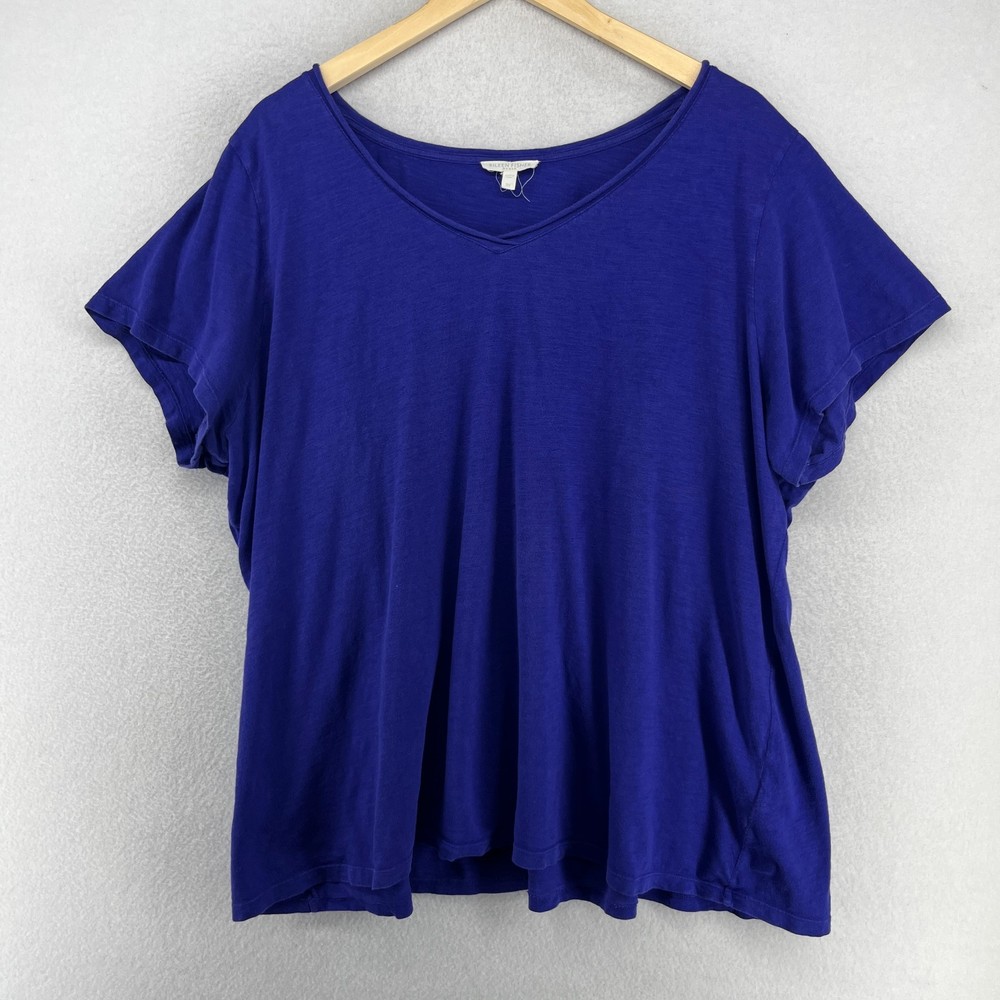 EILEEN FISHER Top 3X Slub Jersey Organic Cotton Rolled V-Neck Short Sleeve Blue