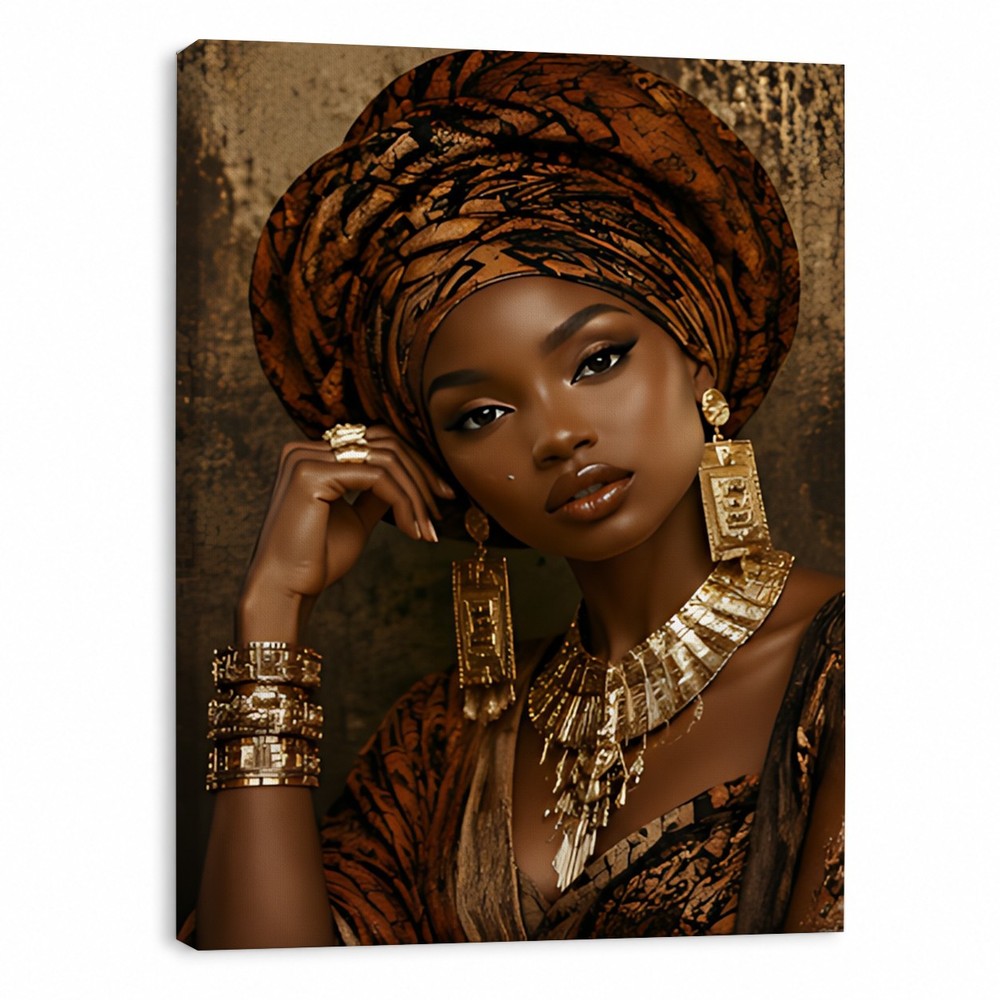 African Queen Canvas Art Black Woman Gold Jewelry Custom Print Personalized Gift