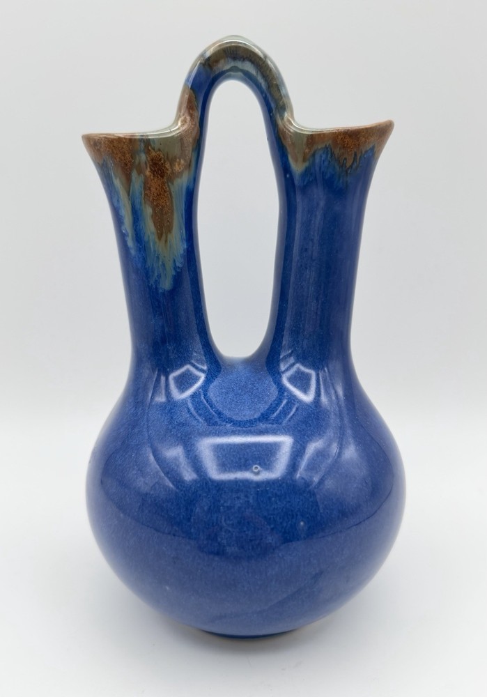 Pigeon Forge Pottery Double Spout Wedding Vase  8” Blue Brown Drip Glaze Signed