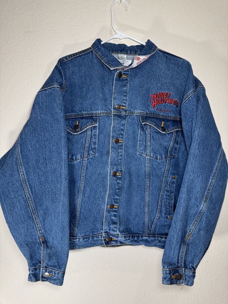 Vintage Planet Hollywood Costa Mesa Denim Jean Jacket Size M, embroidered