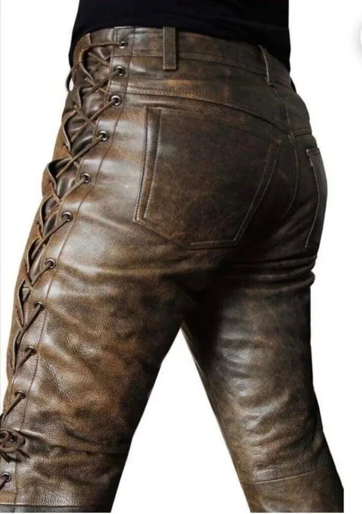 Men's Brown Cowboy Style Real Distressed Pant Leather with Side Laces Trouser