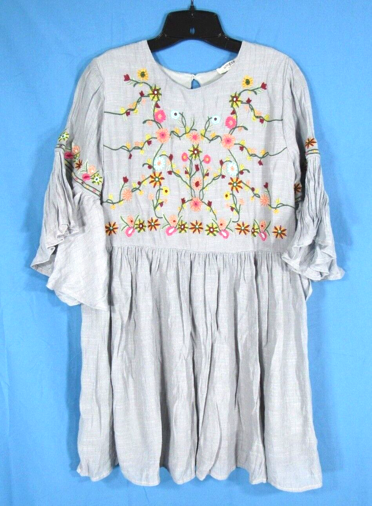 UMGEE Tunic/Top/Dress GRAY w/Embroidered Floral TIERED BELL SLEEVE Gauze sz S