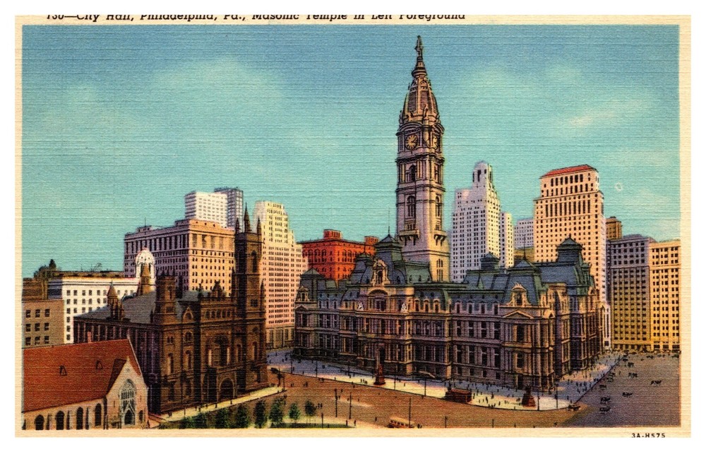 Philadelphia PA City Hall Masonic Temple Bird's-Eye Posted 1947 Linen Postcard