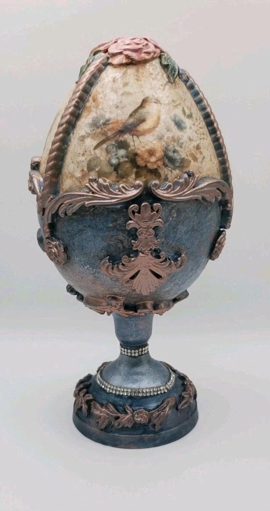 Handmade Egg Decor, French Farmhouse Chic, blue with birds, metal base