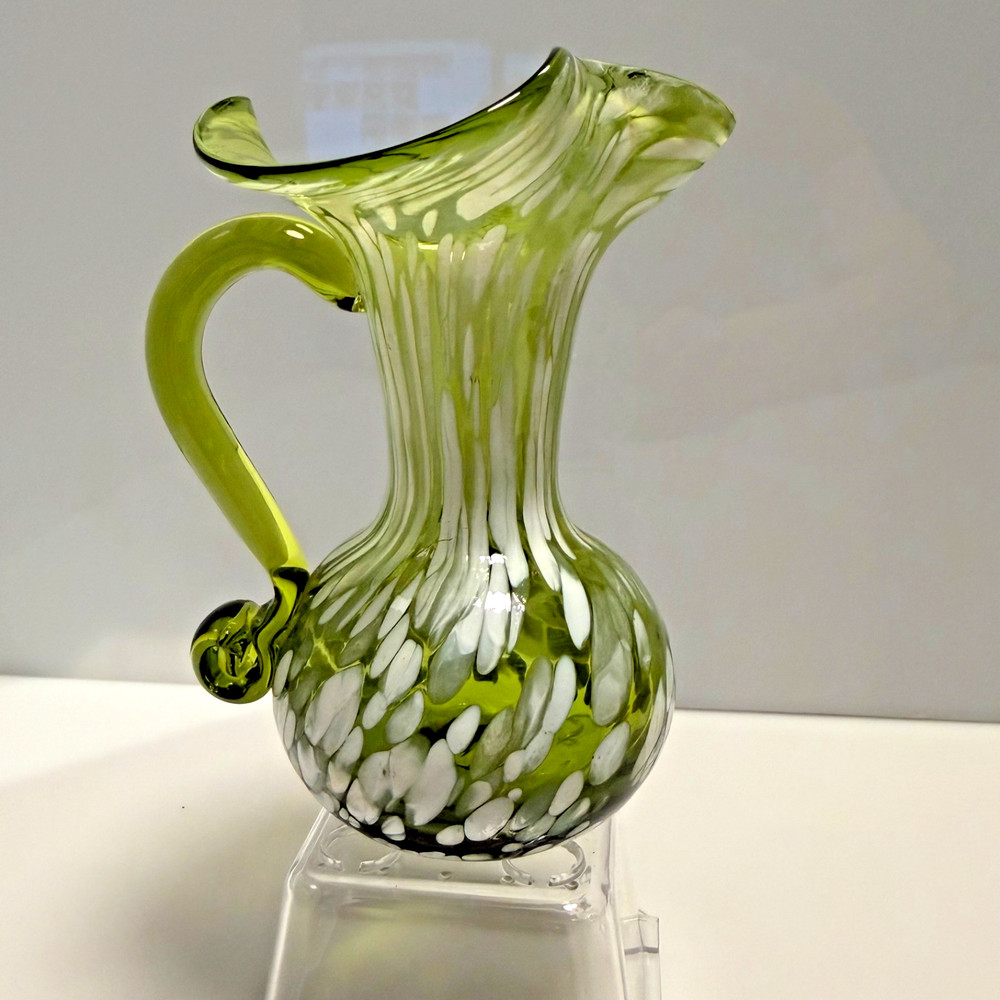 Vintage Rainbow Art Glass Hand Blown Green Pitcher with White Splatter - 5