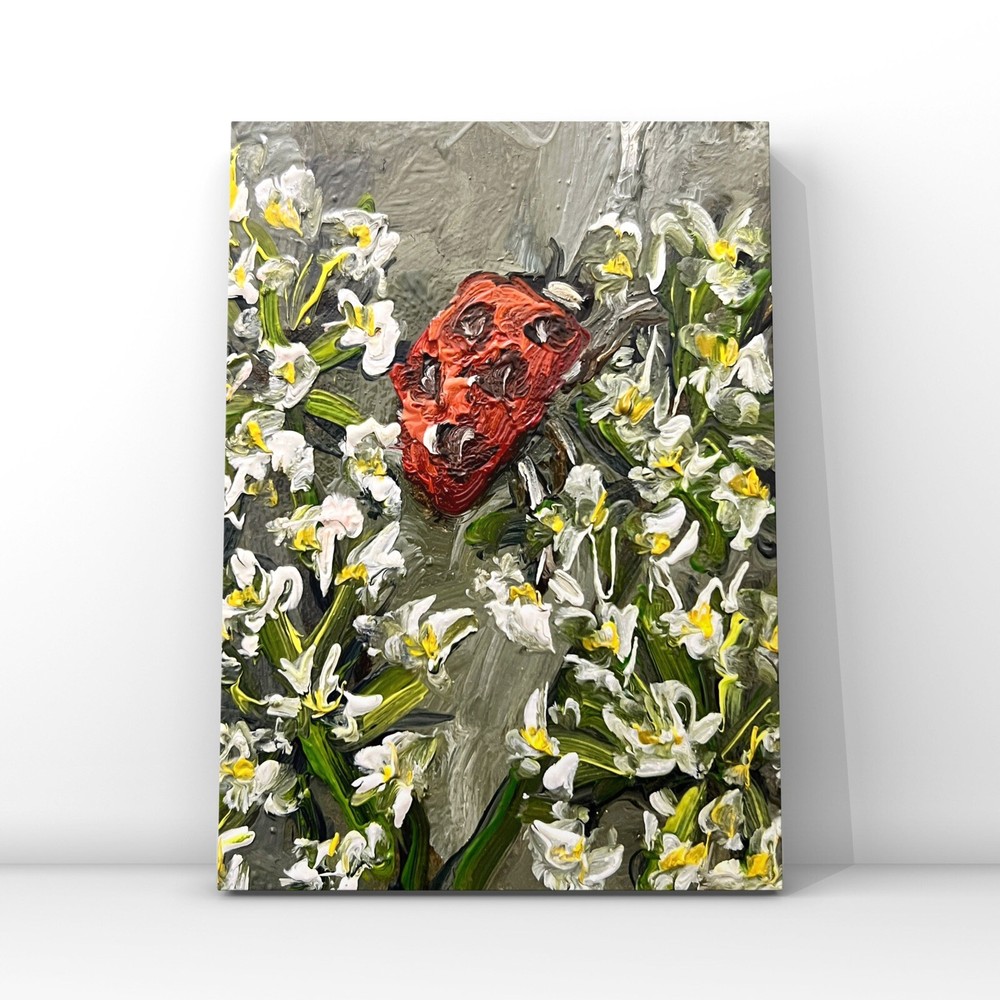Original Miniature Ladybug Oil Painting Wildflowers Nature Insect Art