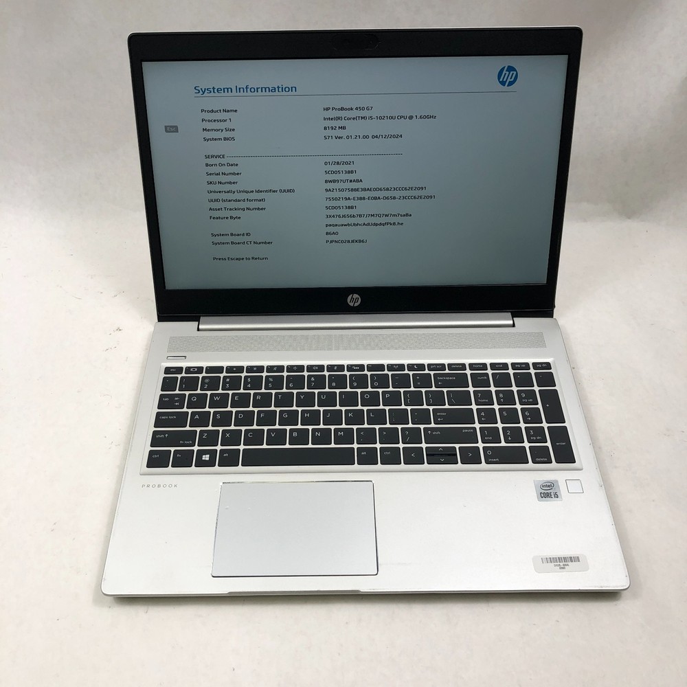 HP ProBook 450 G7 15.6 Core i5-10210U @ 1.60GHz 8GB RAM No SSD *Read*