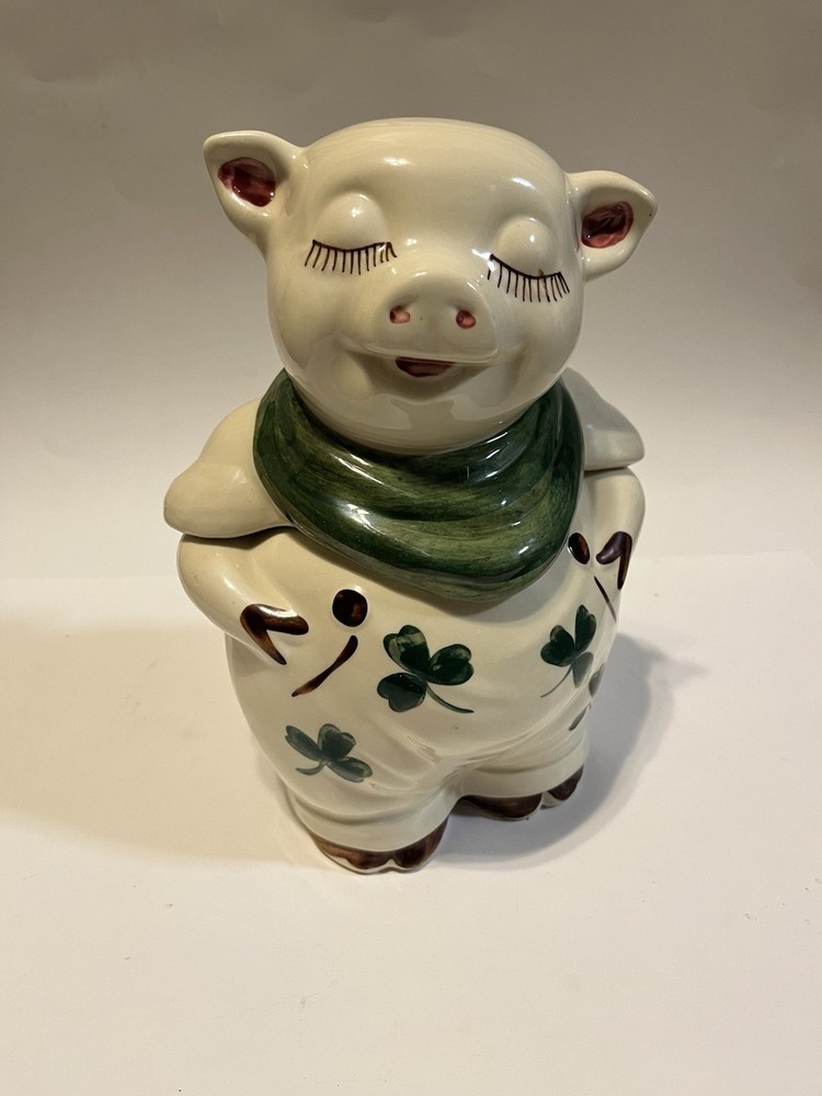 Vintage 1940's  SMILEY PIG Cookie Jar-Green Poetry Glass/ Porcelain Clovers