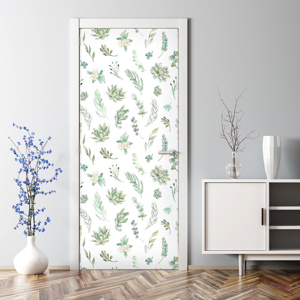 Self-adhesive hand-painted watercolor green leaves bubble-free door decal